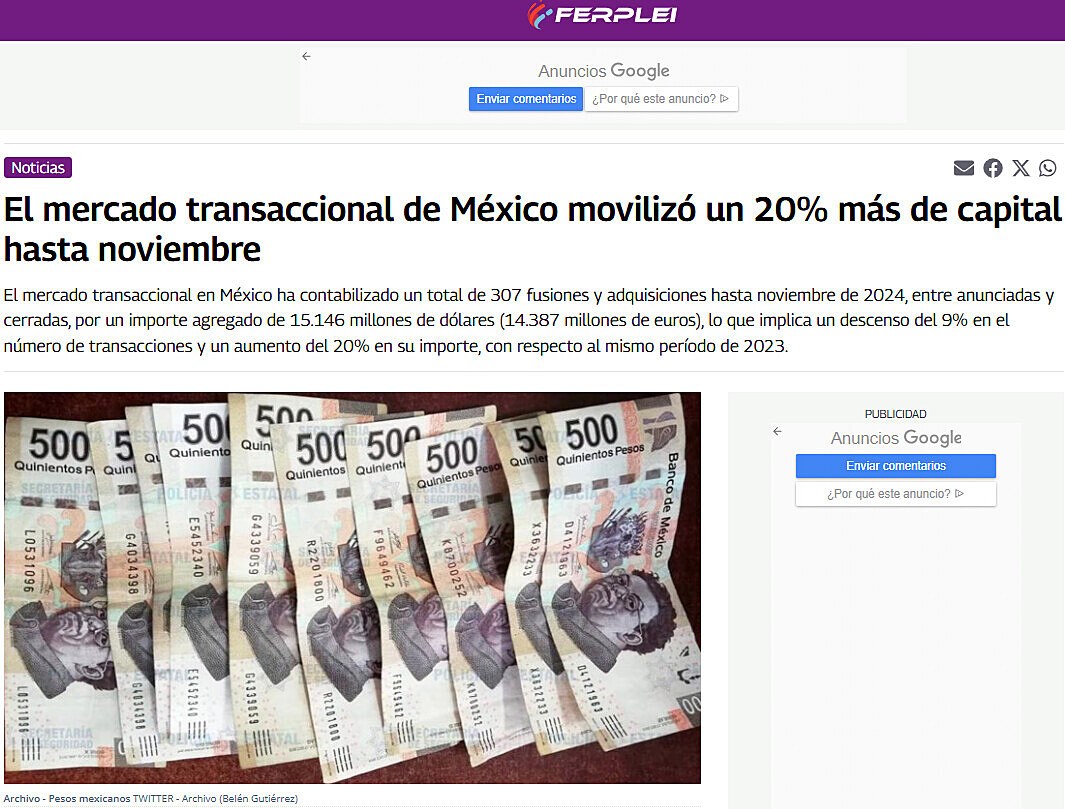 El mercado transaccional de Mxico moviliz un 20% ms de capital hasta noviembre